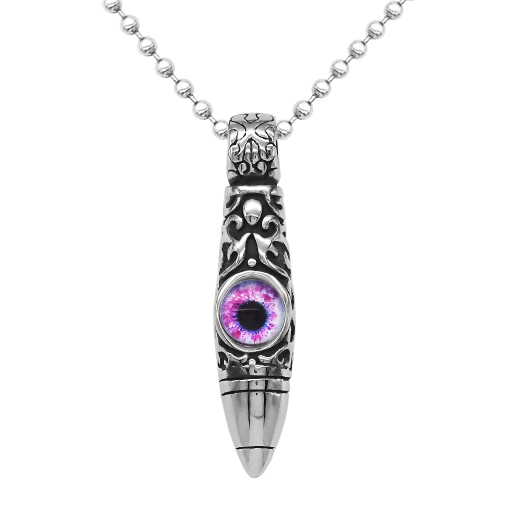 Vintage Stainless Steel Bullet Shape Evil Eye Pendant Ball Chain Necklace Fashion Punk Mens Jewelry