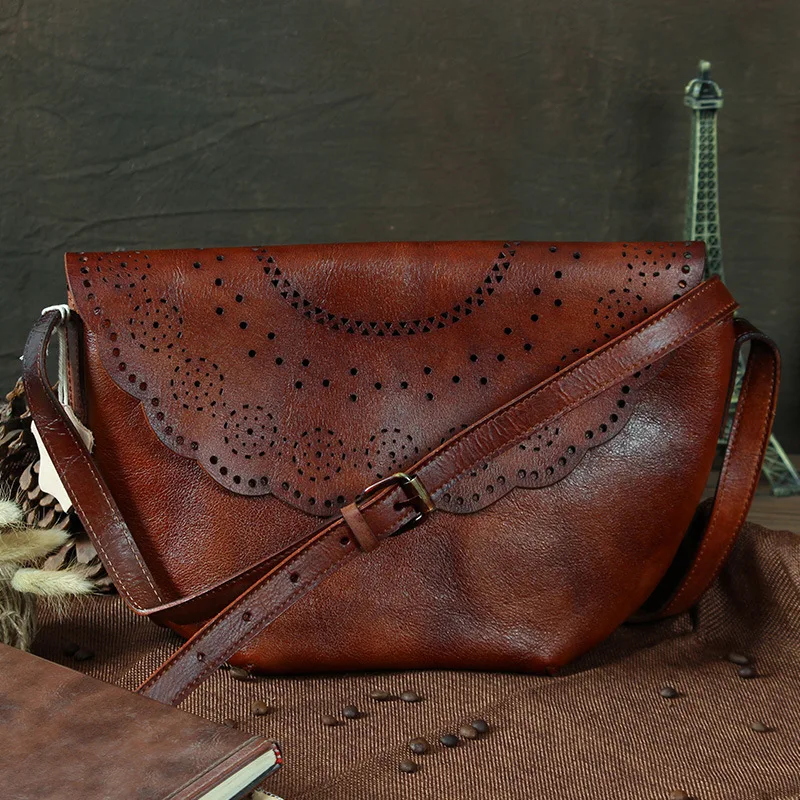 100 Italian Genuine Leather Women's Crossbody Vintage Hollow Out Handbag Shoulder Bag Female