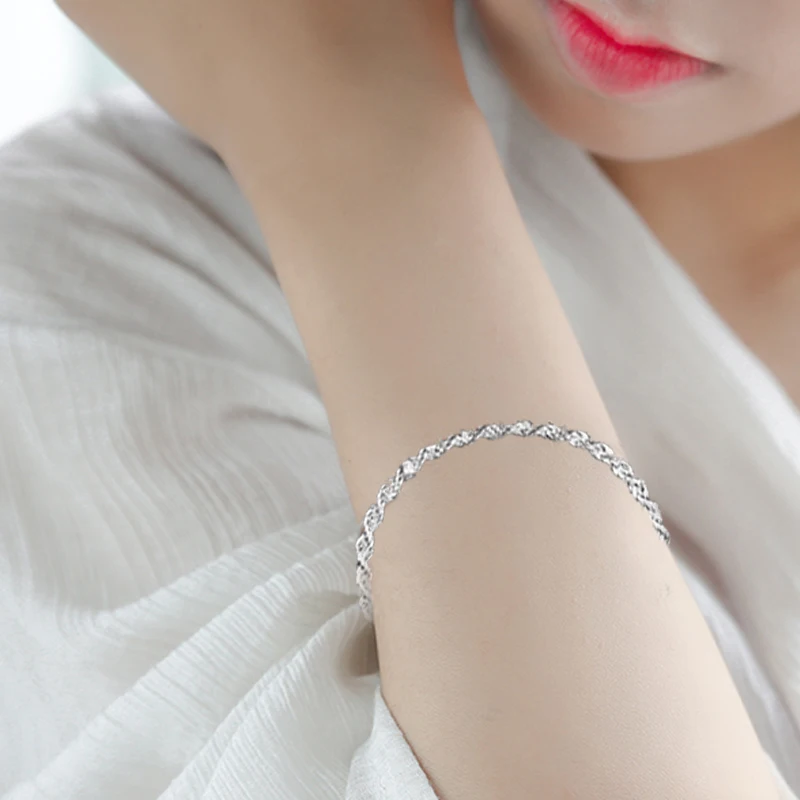 Витая веревка Серебряный браслетная цепочка браслет элегантный металлическая застежка для кожанных изделий для Для женщин ювелирные подарки