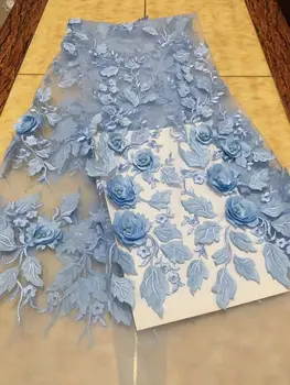 

African French Beaded Lace Fabric 2019 High Quality Lace Royal Blue Lace Fabric Nigerian Tulle Mesh Lace Fabrics for Wedding