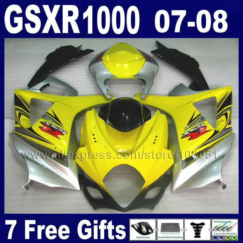 

Custom motorcycle fairings kits for SUZUKI GSXR 1000 2007 GSXR 1000 2008 GSXR1000 K7 07 08 yellow silver body fairing kit parts