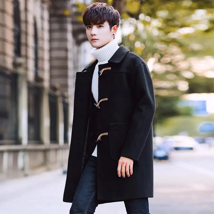 

Autumn and winter large size long section lapel woolen coat buckle fashion thick solid color multi-pockets men's clothing /M-3XL