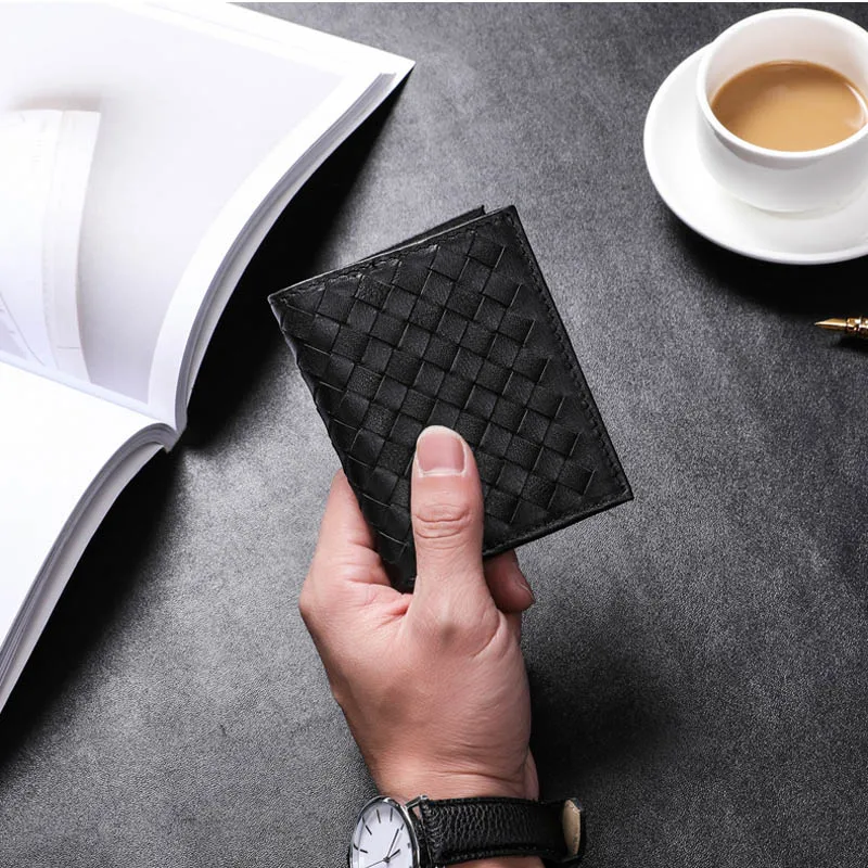 Wmnuo Business Genuine Leather Card Holders Male Korean Mini Braided Head Layer Cowhide Male And Female Multi-card Wallet Unisex - Color: black