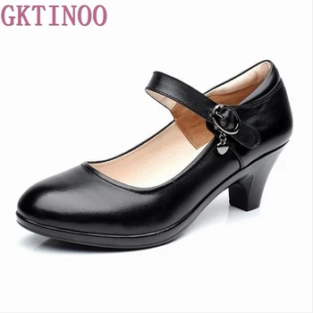 

Fashion Spring Thick Heels Women Pumps Genuine Leather Work Shoes Woman High Heels Casual Women Shoes
