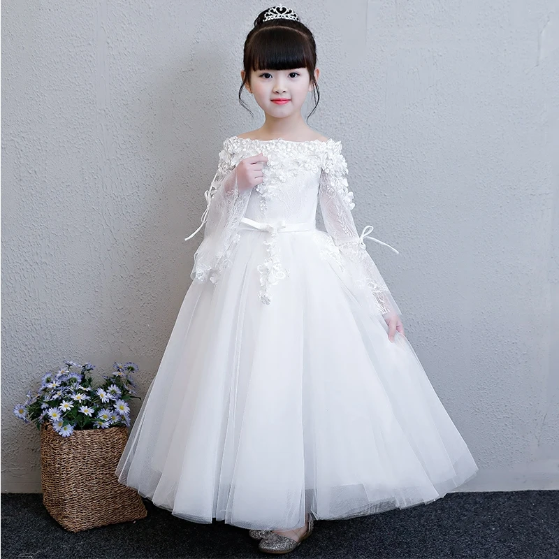 

Children Girls Luxury White Color Birthday Wedding Party Flowers Princess Lace Dress Kids Babies Flare Sleeves Pageant Dress