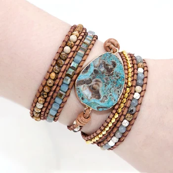 Unique Mixed Natural Stones Gilded Stone Charm 5 Strands Wrap Bracelets Handmade Boho Bracelet Women Leather Bracelet Dropship