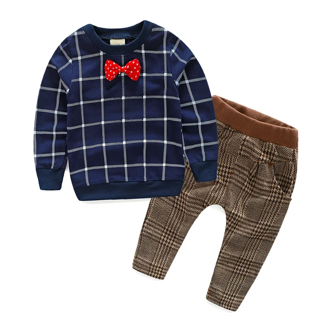 Best price at $188 Cheap Kids clothing sets 2016 Autumn English style boys clothes suits solid long sleeve plaid Hoodie + brown cotton plaid pants 2 pcs