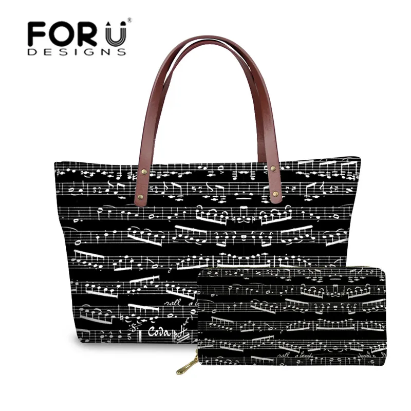 FORUDESIGNS أكياس للنساء الموسيقى ملاحظة الطباعة اليد حقيبة السيدات الفاخرة حقائب يد تصميم عال الإناث البيانو نمط أعلى-حقائب بيد