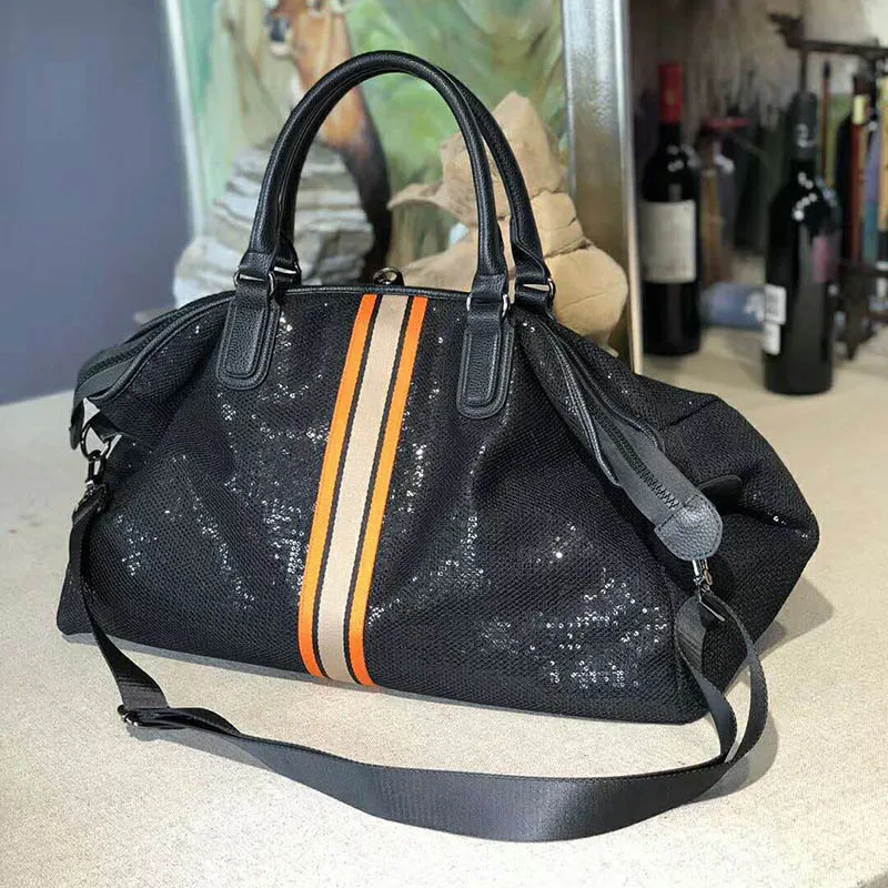 Вместительная багажная сумка в европейском и американском стиле, полосатая сумка для путешествий с блестками, модные женские сетчатые дорожные сумки XA759WB - Цвет: Orange