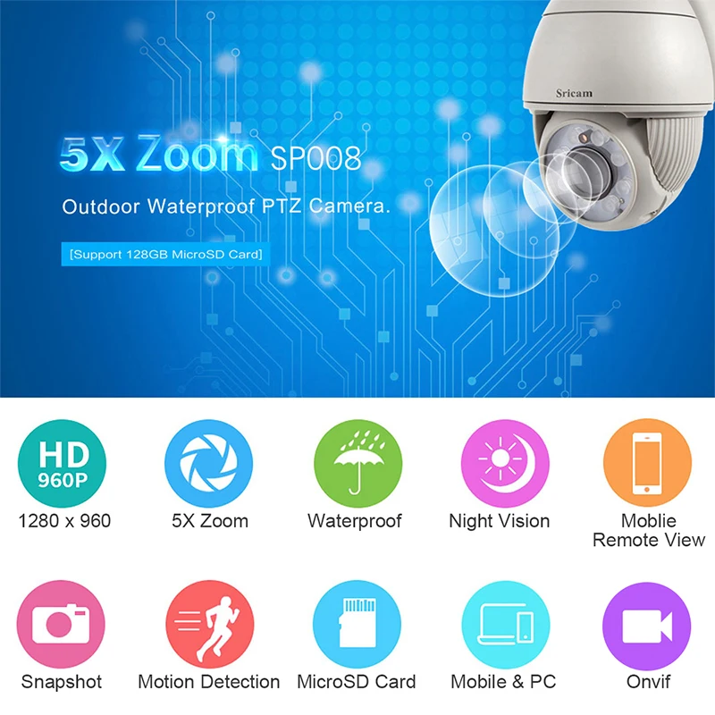 

Sricam SP008 IP camera H.264 Outdoor Wifi Safe Camera Home CCTV for Security Alarm Wireless Surveillance Onvif Camera