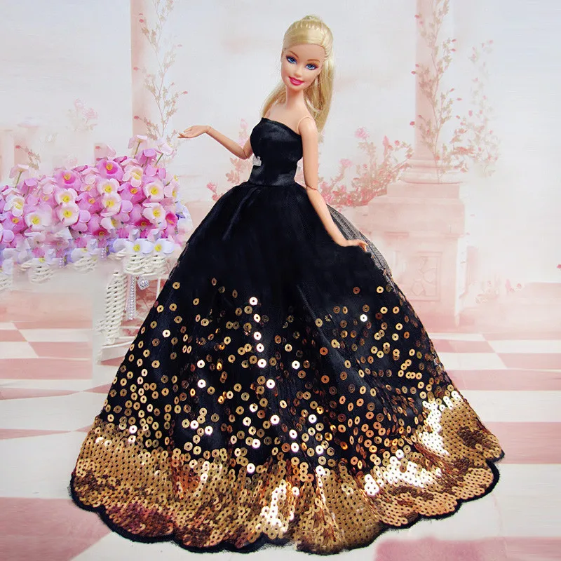 Elegant Black Dress with Lots of Gold Sequins Made to Fit for Barbie font b Doll