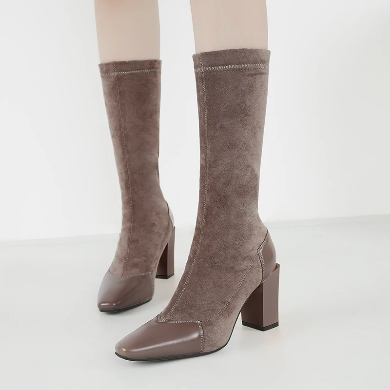 

Women's square head boots winter plus velvet and bare boots thick with wild thin boots long tube knit socks boots stretch boots