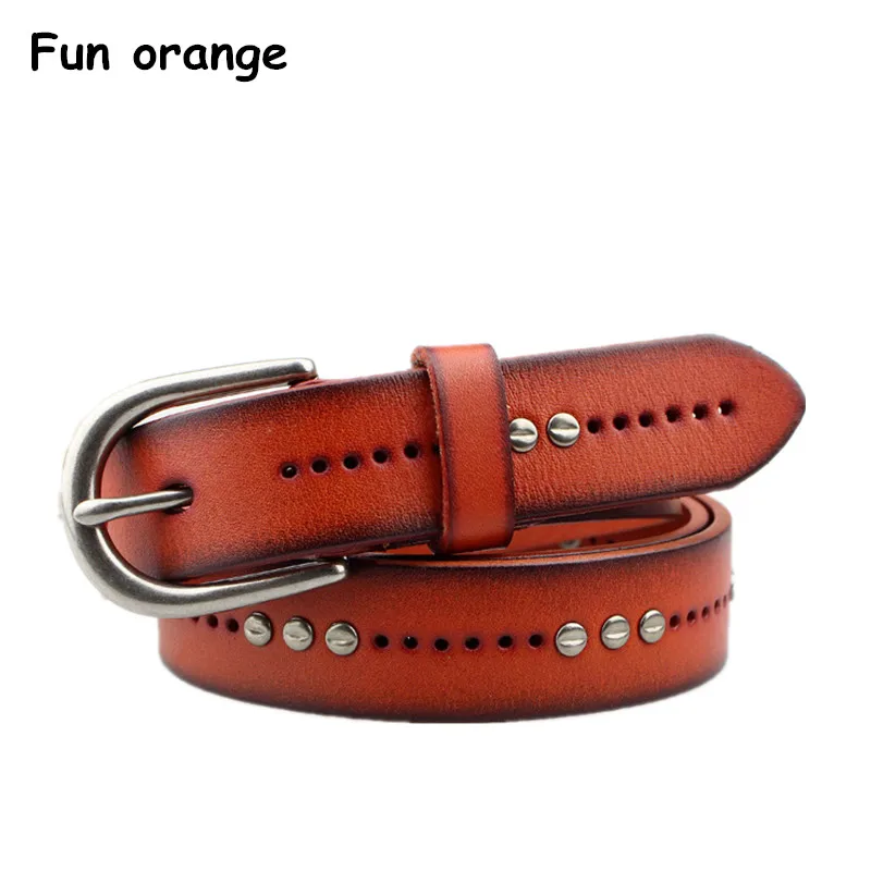 Fun Orange Genuine Cowskin Women Leather Belts Casual Vintage Ladies Belt Solid Rivet Pin Buckle