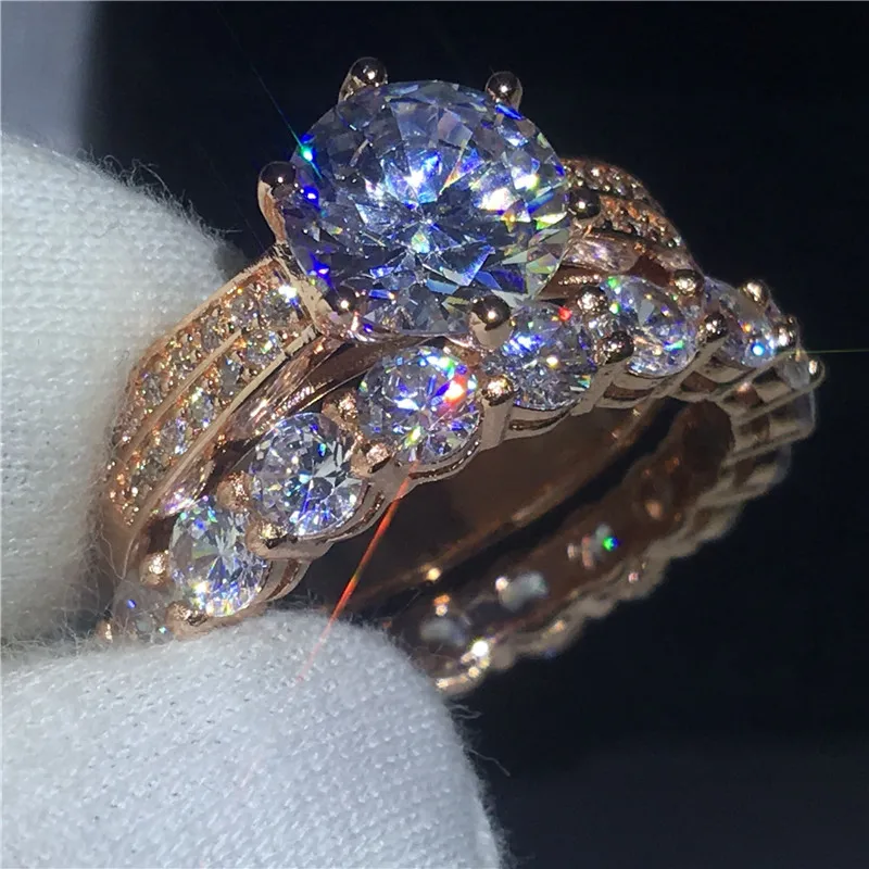 ring set Модное кольцо набор обещание Enagement обручальное кольцо кольца для мужчин и женщин 3ct фианит AAAAA однотонный цвет розовое золото женские украшения для пальцев - Цвет основного камня: ring set