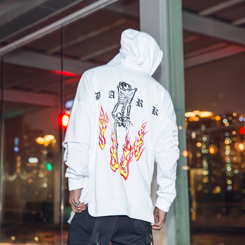 ファッション炎スケルトンサイドジッパーパーカーメンズ新しいファッションフロントジッパーゴシック文字プリントプルオーバーフード付きスウェット男性 Hooded Sweatshirt Zipper Hoodie Mensweatshirt Male Aliexpress