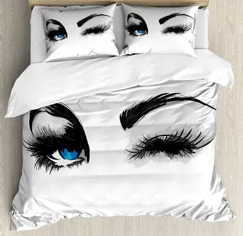 

Eye Duvet Cover Set Flirty Attractive Woman with Blue Eyes and Thick Lashes Beauty Glamor Youth Decorative 4 Piece Bedding Set