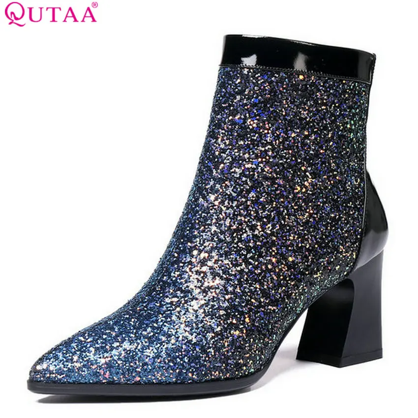 

QUTAA 2019 Women Ankle Boots Cow Leather +pu Fashion Women Winter Shoes Zipper Platform Women Motorcycle Boots Big Size 34-42