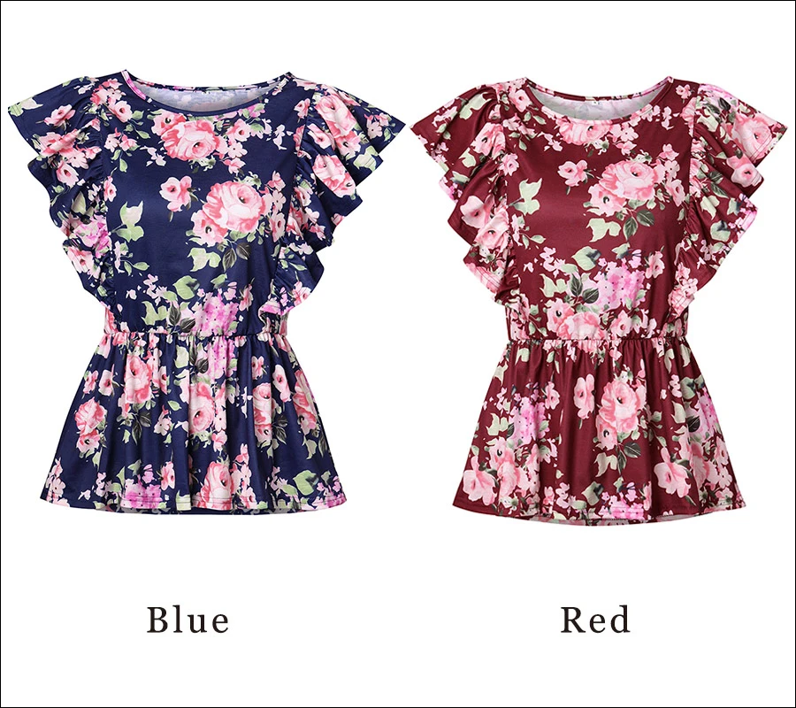 Gladiolus 2018 Floral Print Women T-Shirts O-Neck Butterfly Sleeve Blue Red Slim T Shirt Women Summer Casual Ruffled Ladies Tops (16)