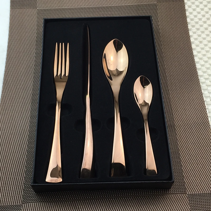 

4PC/SET Rose Gold Stainless Steel Cutlery with Gift Box Western Luxury Silverware Dinner Fork S poon Knife Box Cutlery