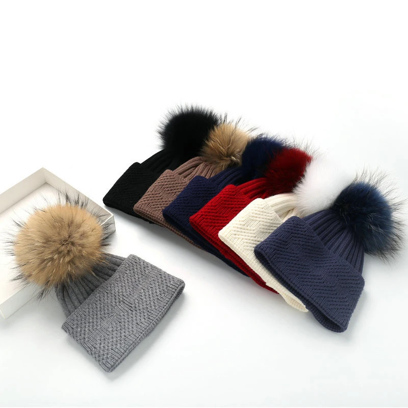 Winter Hat Women Knit Cap Warm Wool Real Raccoon Pom Pom Ski Accessory Brim Beanie Headwear Soft Casual Outdoor Solid Color (2)