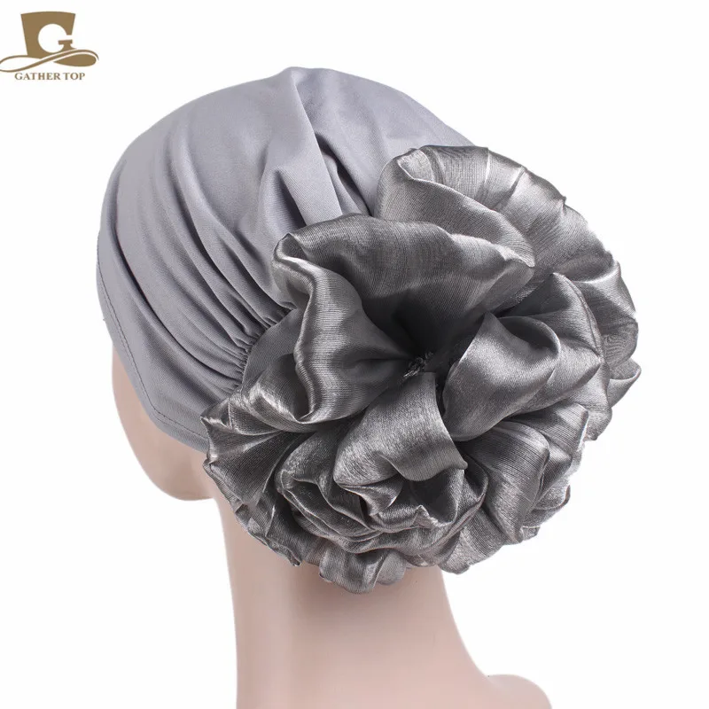 Women's Hijabs Big Flower Turban Hair Accessories Elastic Cloth Hair Bands Hat Beanie Ladies Muslim Solid Hair Loss Scarf Cap