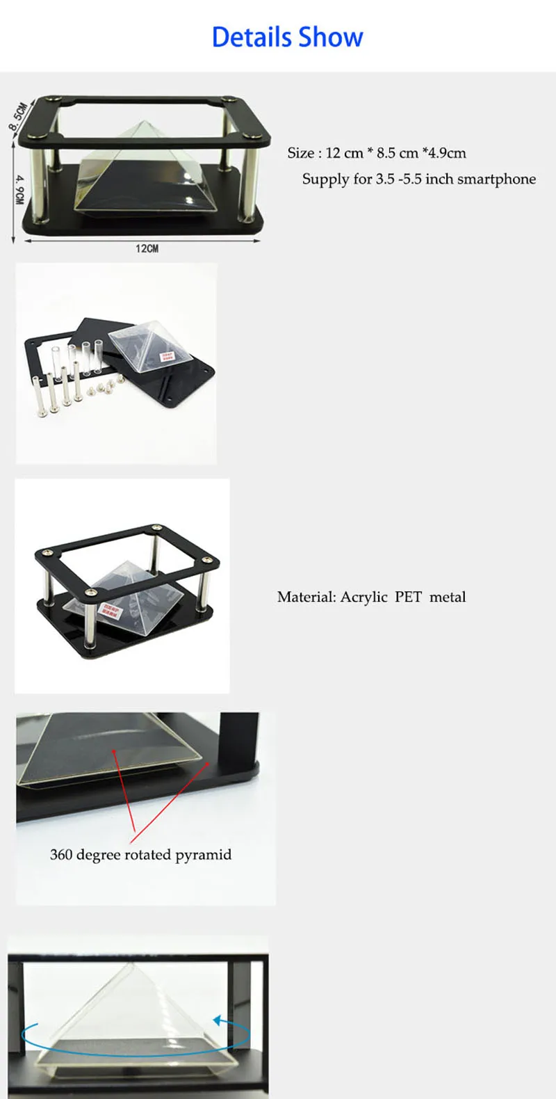 Universal 3D Holographic Projection Pyramid for smartphone 4.5-5.5 inch hologram display pepper ghost (25)