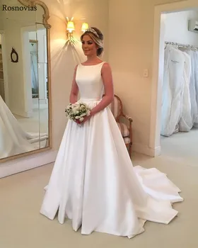 

Cheap Stain Wedding Dresses 2020 Scoop Backless Sweep Train Modest Simple Garden Bridal Jumpsuits Vestido De Novia Customized