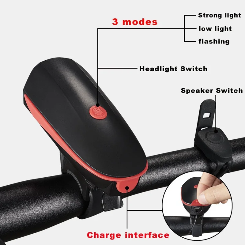 KHLITEC USB Перезаряжаемый велосипедный светильник, головной светильник, светодиодный MTB Bycicle светильник 140 дБ, велосипедный звонок, водонепроницаемый налобный фонарь, светильник-вспышка