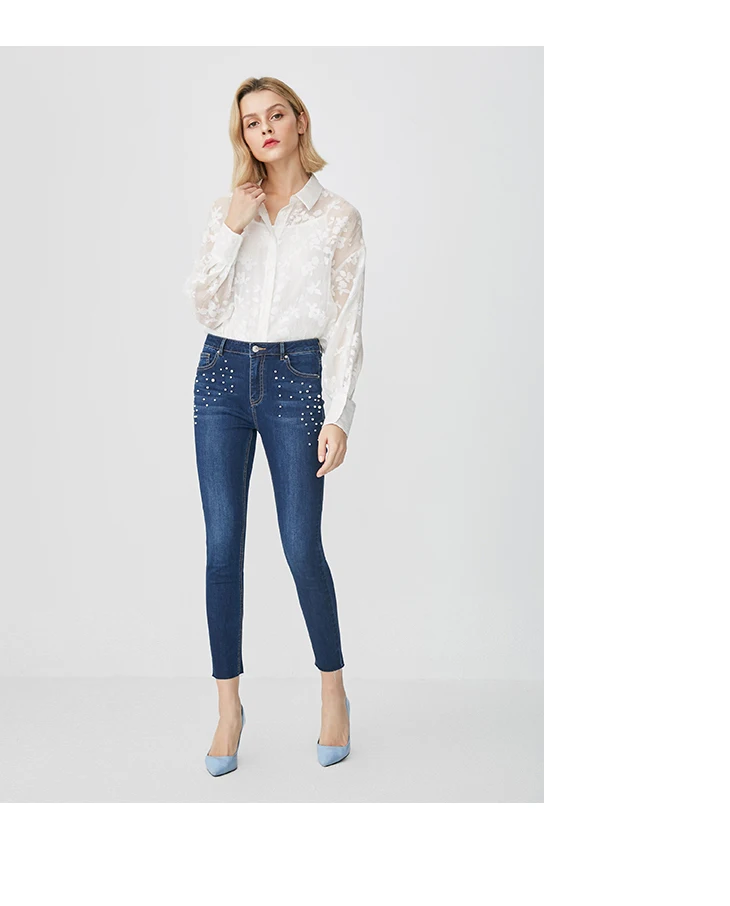 Отборные женские Стрейчевые джинсы с высокой посадкой и бисером C | 419132522