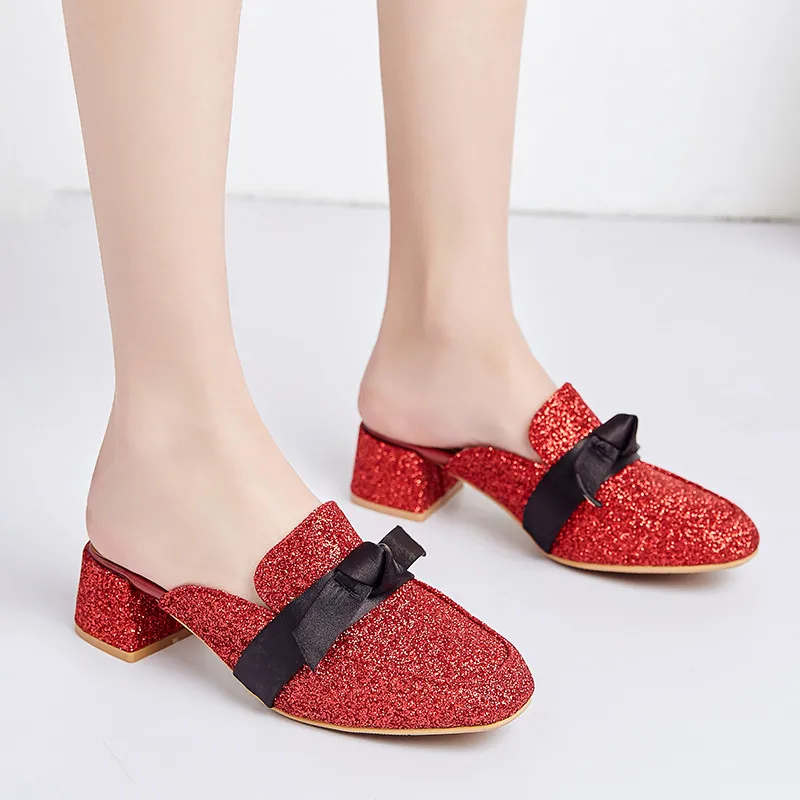 

YMECHIC Summer 2019 Bling Glitter Cloth Mules High Heels Shoes Women Black Silver Red Chunky Heel Square Toe Slides Outdoor