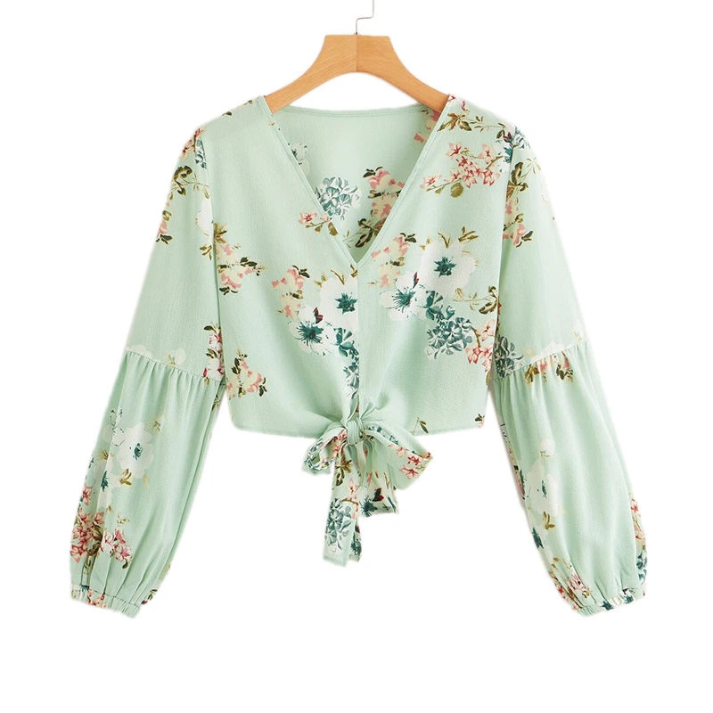 Dotfashion, зеленая женская блузка с цветочным принтом и узлом,, Boho, летняя, с v-образным вырезом, с рукавом Бишоп, корейская мода, весенние женские топы