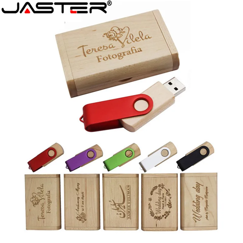 JASTER поворотный USB флеш-накопитель 4 ГБ 8 ГБ 16 ГБ 32 ГБ usb 2,0 флеш-накопитель деревянная коробка печать логотипа на заказ