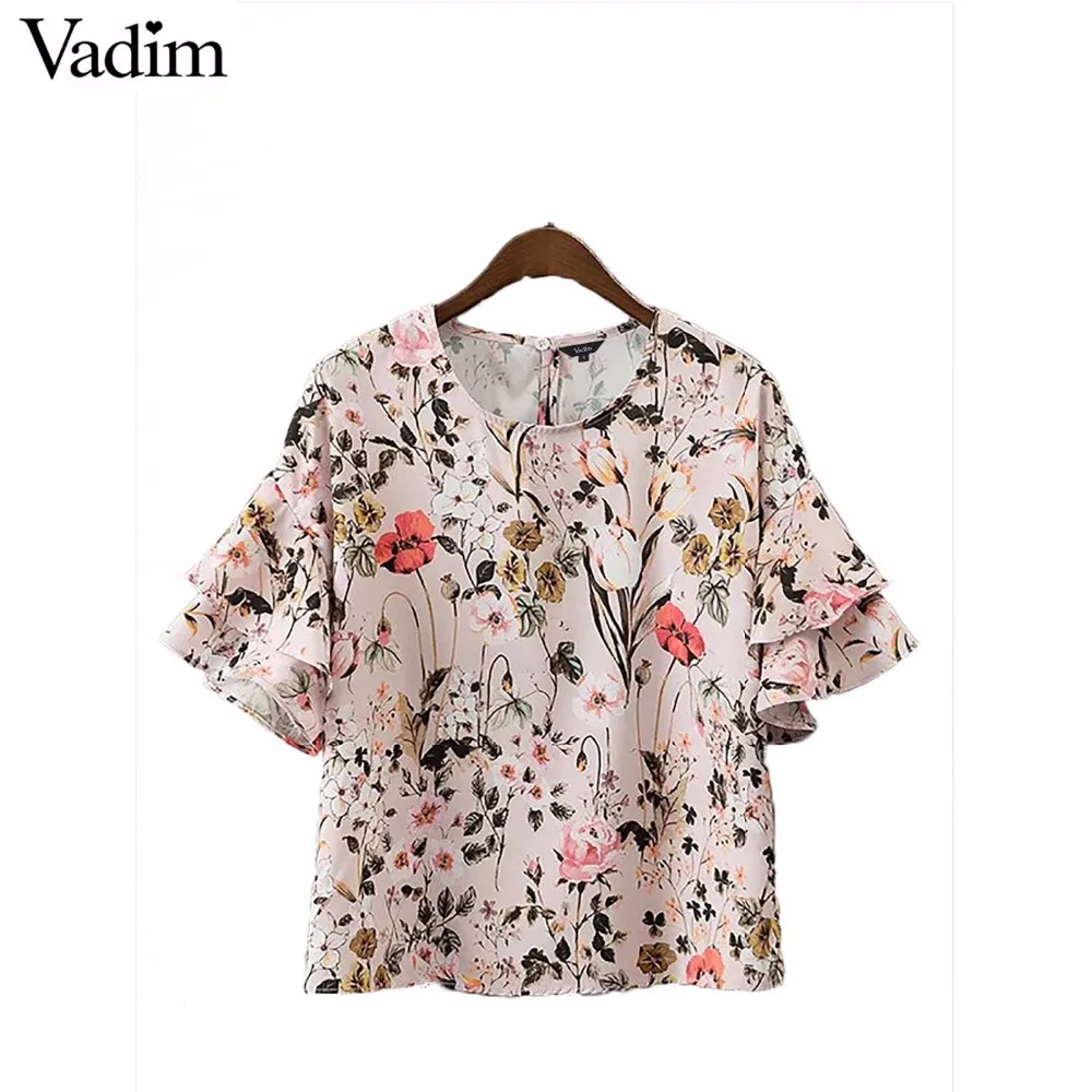 Vadim women sweet ruffles floral shirts butterfly sleeve O neck blouses ...
