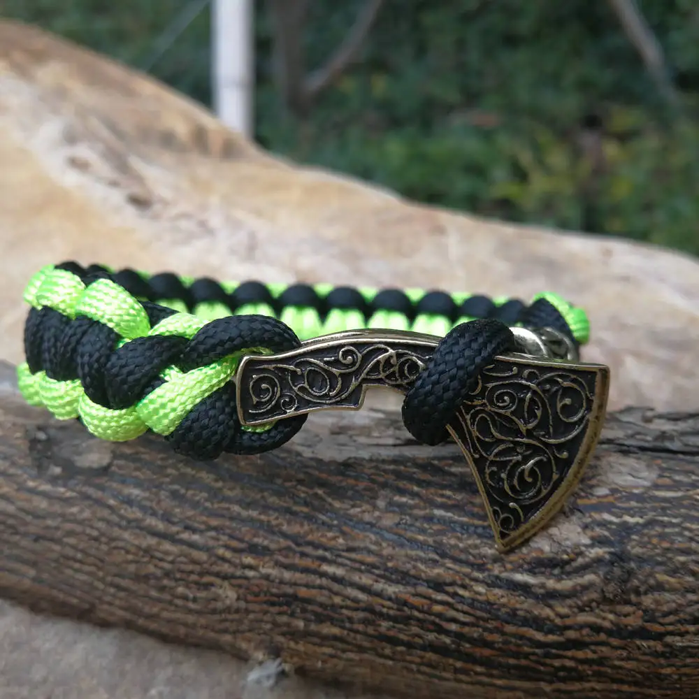 Paracord Bracelet Celtics Viking Runes Beads Axe Talisman Charm Braided Rope Bracelet Men Bangles Camo Green Beige Jewelry Gifts (4)
