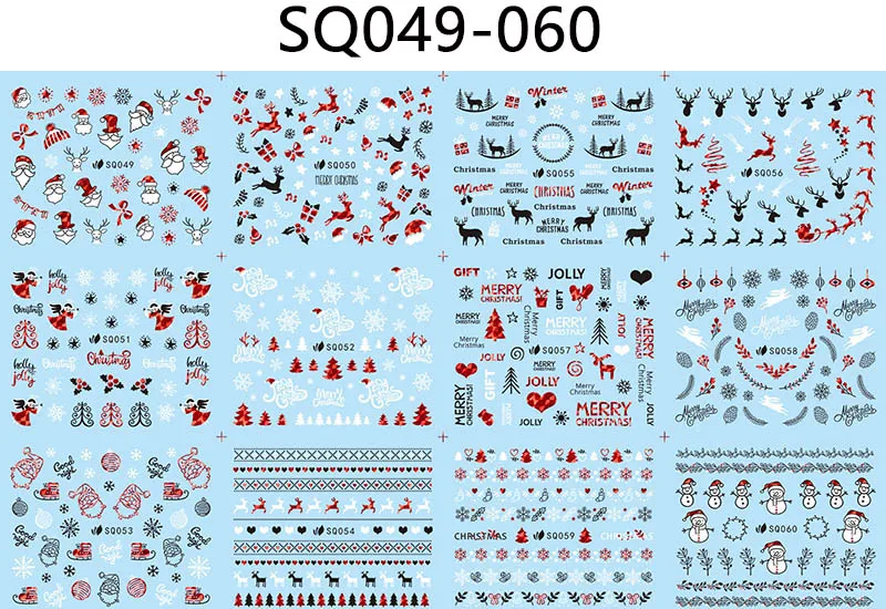Рождественские Большие 3D наклейки для ногтей, переводная картинка советы Санта Клаус Рождественская елка Снеговик Снежинка Moose самоклеющиеся SQ049-060