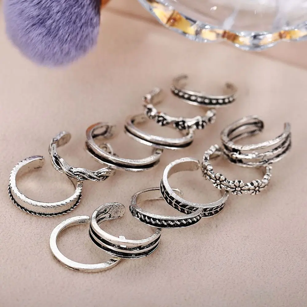 

12Pcs/Set Mix Toe Ring Set Fashion Simple Retro Carved Flower Adjustable Toe Foot Rings Wholesale Women Open Finger Ring Jewelry