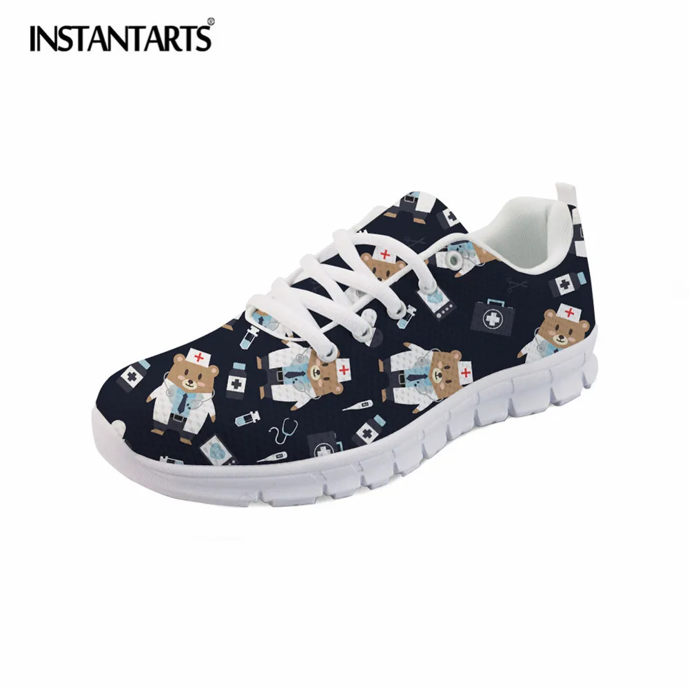 

INSTANTARTS Funny 3D Cartoon Nurse Bear Print Women Flats Shoes Fashion Breathable Women's Mesh Flats Shoes Comfortable Sneakers