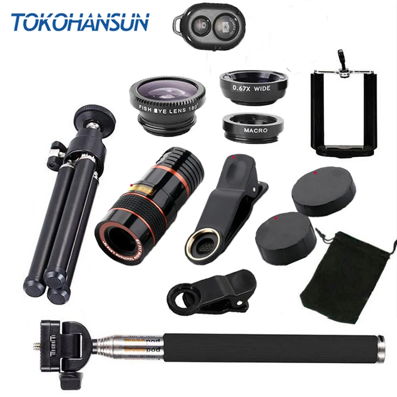 10 في 1 العالمي 8X التكبير تلسكوب + selfie عصا monopod + 3 في 1 كليب عين السمكة عدسة زاوية واسعة ماكرو المحمول + ترايبود مرنة