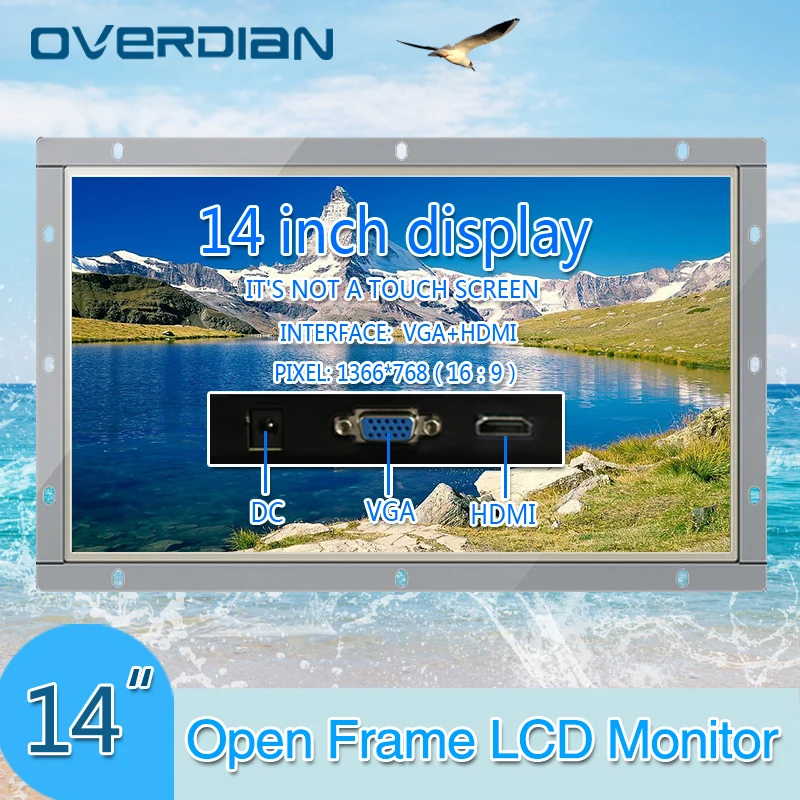 

14"Industrial Control Lcd Monitor VGA/HDMI Interface White Open Frame Non-touch Screen Metal Shell 1366*768