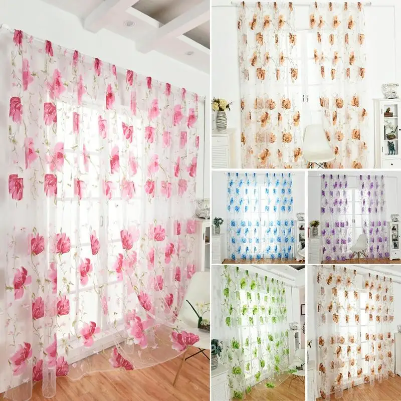 Floral Print Semi Sheer Cortinas para sala dormitorio cocina impreso flor ventana Cortinas y Cortinas de tul