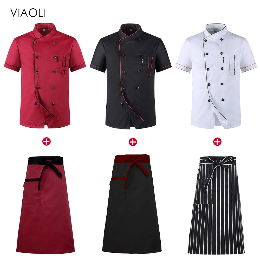 

Wholesale Restaurant Kitchen Chef Uniform Shirt Breathable Double Breasted Chef Jacket+cap+apron works clothes for men Unisex