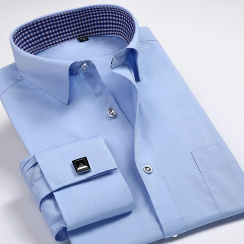 French Cuff Shirts Mens Long Sleeve Formal Business Dress Shirt Solid Twill Party Wedding Tuxedo Clothing with Cufflinks