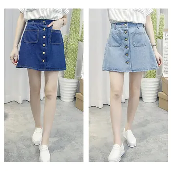 

Denim Skirt High Waist A-line Mini Skirts Women 2019 Summer New Arrivals Single Button Pockets Blue Jean Skirt Style Saia Jeans