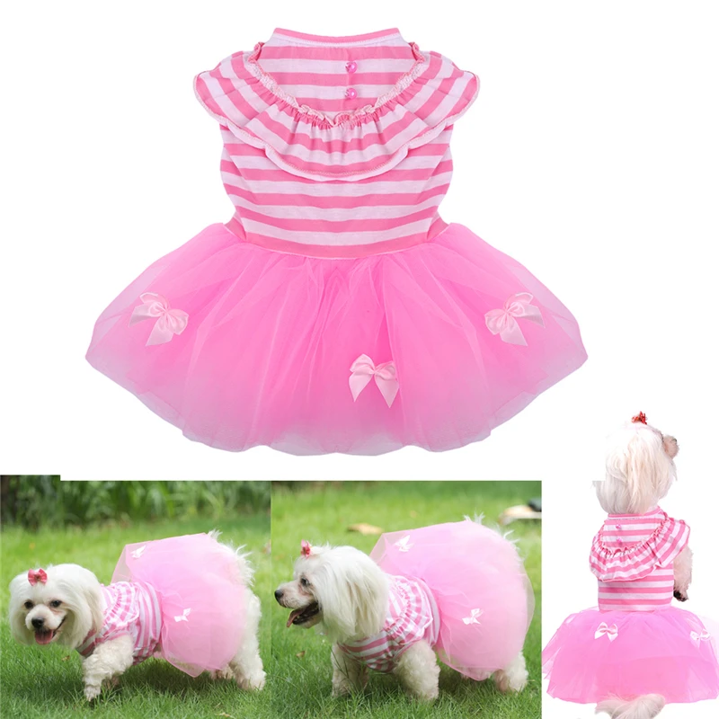 Sweet Style Pet Dog Striped Tutu Skirt Dog Dress Short Cute Female Pink