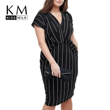 

Kissmilk Plus Size Women Summer Vertical Stripe Wrap V Neck Ruffles Short Sleeve Bodycon Office Lady Midi Dress
