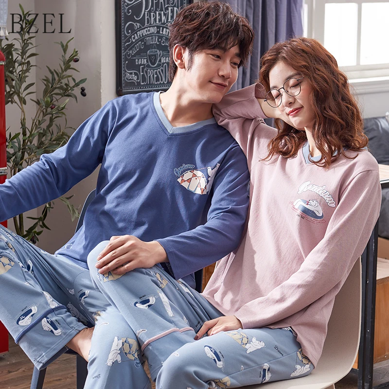 

BZEL Couple Pajamas Set Spring And Autumn Cotton Cartoon Women Pyjamas Plus Size M-3XL Long Sleeve Sleepwear Men Lounge Pijamas