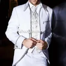 Смокинги для жениха на заказ с кристальным воротником, мужские для шаферов, мужские свадебные костюмы для выпускного вечера, белый цвет(куртка+ брюки+ галстук+ жилет