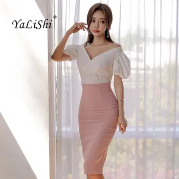

2 Piece Set Women Suit White V-neck Short Sleeve Vintage Office Top and Elegant Pink Pencil Skirt Casual Ladies Two Piece Set