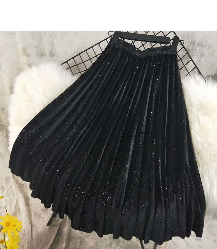 Винтажная весенне-осенняя Женская плиссированная юбка трапециевидной формы с высокой талией, Женская Бронзовая юбка средней длины Faldas Jupe Femme - Цвет: Черный