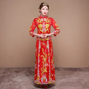 

High Quality Gorgeous Vintage Cheongsam Qipao Grosgrain Traditional Chinese Wedding Dress Red Chinese Canton Embroidery Design